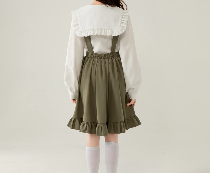 Japanese Sweet Ruffle Suspender Skirt Army Green High-Waist Half Skirt with Bows